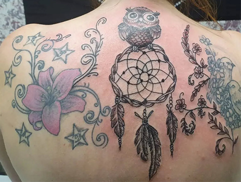 Tattoo Eule und Traumfänger